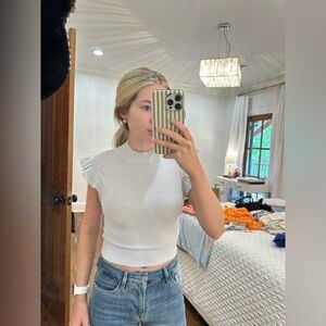 White Ruffled Sleeve Ribbed Top